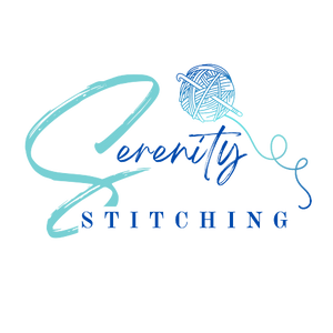 Serenity Stitching logo text with a ball of yarn and crochet hook next to it